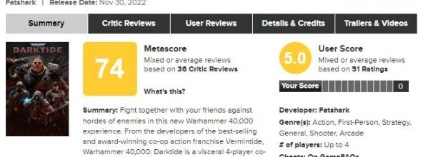 《战锤40K：暗潮》媒体评分解禁 M站均分74