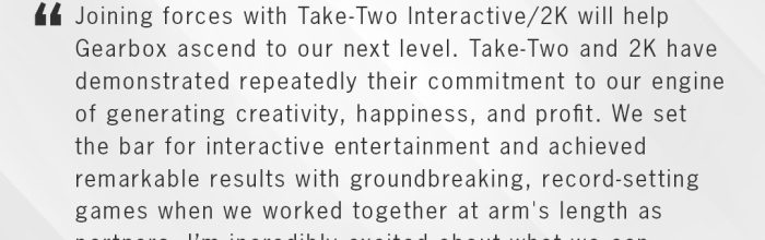 Take-two以4.6亿美元收购Gearbox，获得《无主之地》等IP