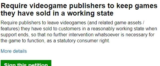 超七千人请愿英国政府，希望规定游戏在停运后仍可游玩